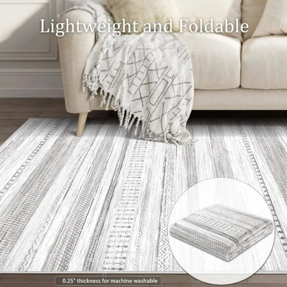 New 5x7 Grey Area Rug, Washable Soft Geometric Carpet for Home, Room & Office